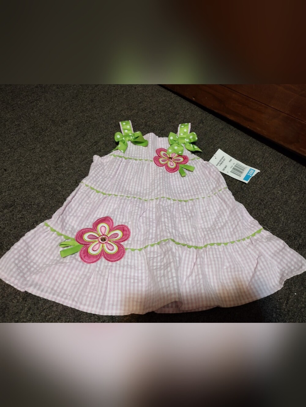 Macy's Pink Gingham Dress with Green Trim and Floral Appliquรฉ Size 24M